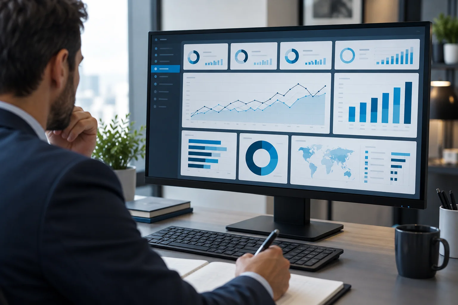 Imagem ilustrativa de um profissional analisando um dashboard financeiro